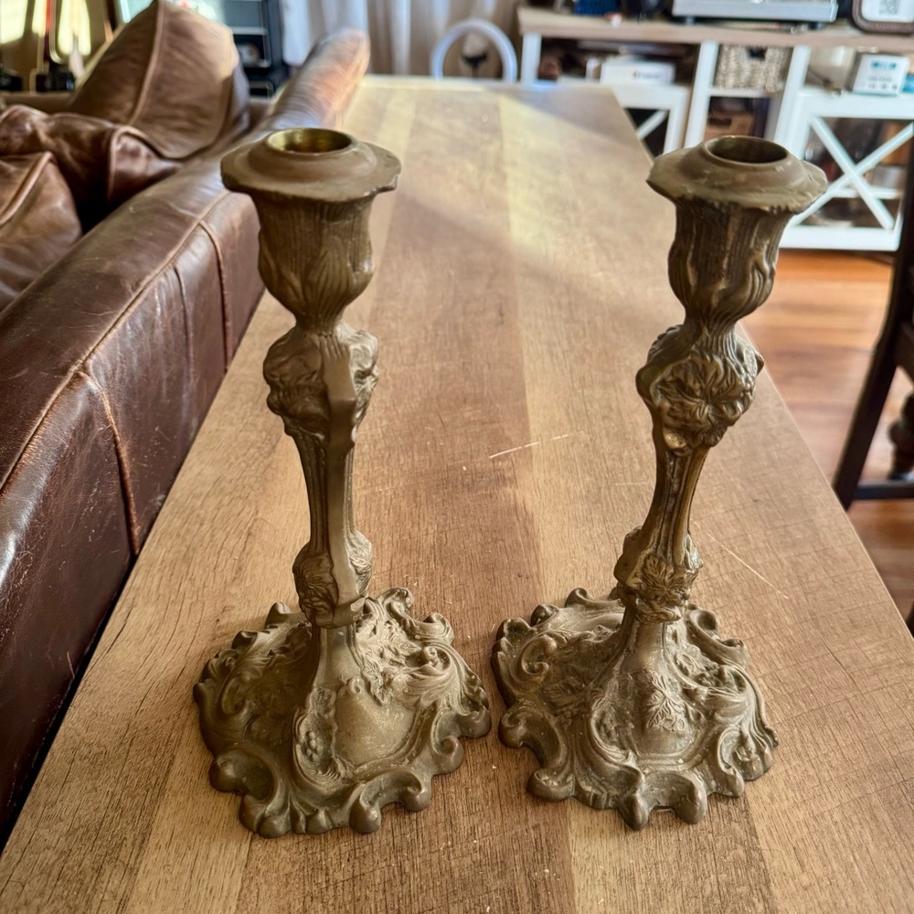Antique Brass Candle Holder Louis XV Style Candlestick Set Pair French Revival